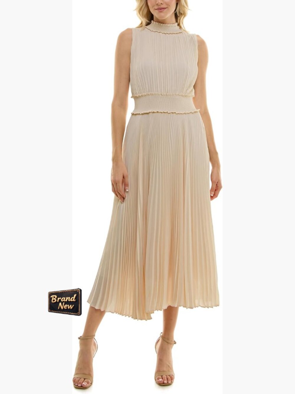 Chiffon Maxi Dress Smocked High Neck Pleated Sleeveless M